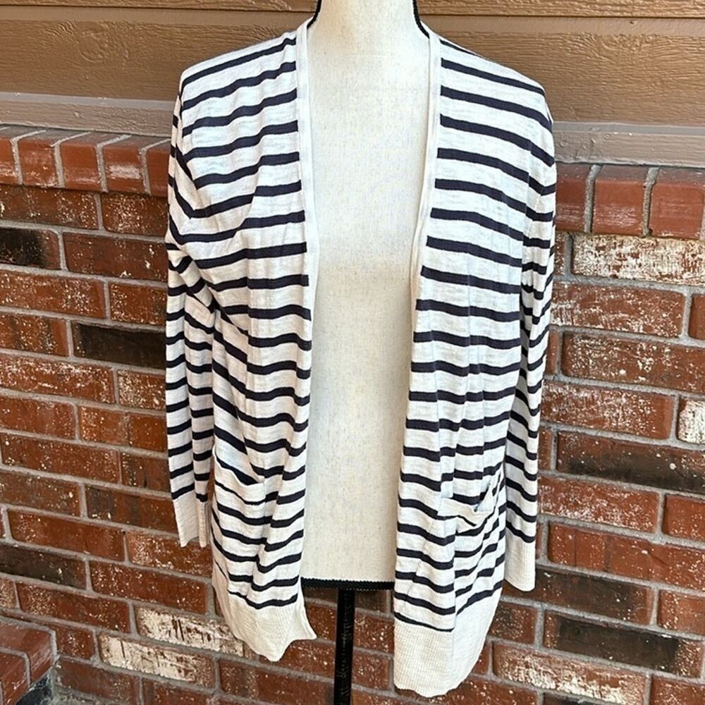 Madewell Navy & Cream Striped Open Front Cardigan XXS Cozy Knit Pockets